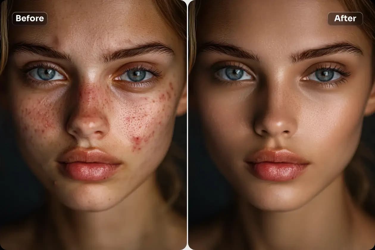 Skin Retouch banner showing example of acne removal and skin smoothing